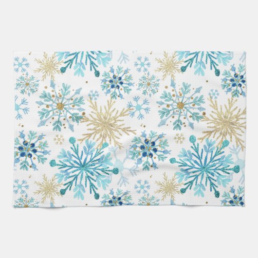 Waterverf Blauw en goudglitter Winter Snowflakes Theedoek (Horizontaal)