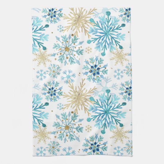 Waterverf Blauw en goudglitter Winter Snowflakes Theedoek (Verticaal)