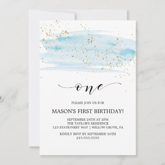 Waterverf blauw en goudpels eerste verjaardag kaart (Voorkant)