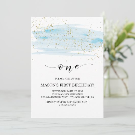 Waterverf blauw en goudpels eerste verjaardag kaart (Staand voorkant)