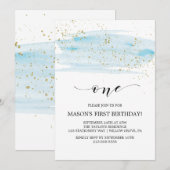 Waterverf blauw en goudpels eerste verjaardag kaart (Voorkant / Achterkant)