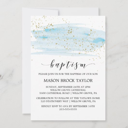 Waterverf Blauw en goudsparkle Baptisme Kaart (Voorkant)