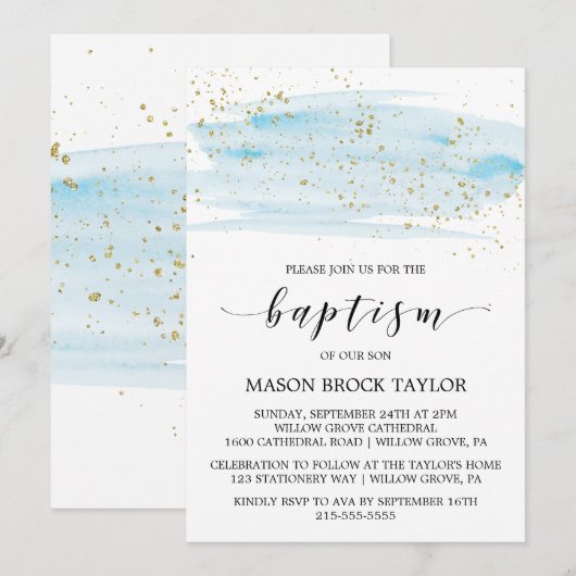 Waterverf Blauw en goudsparkle Baptisme Kaart (Voorkant / Achterkant)