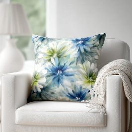 Waterverf Blauw en Groen Bloemmotief Kussen