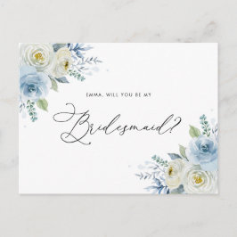 Waterverf Blauw en ivoren Rozen Bridesmaid Voorste Briefkaart