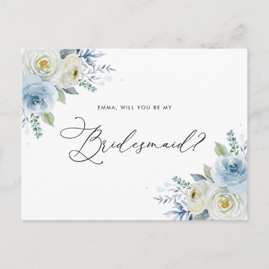 Waterverf Blauw en ivoren Rozen Bridesmaid Voorste Briefkaart (Voorkant)