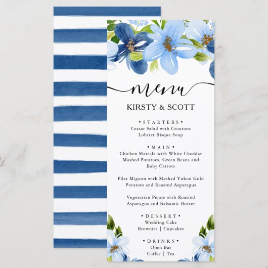 Waterverf Blauw en Navy Flowers Bruiloft Menu (Voorkant / Achterkant)