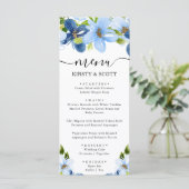 Waterverf Blauw en Navy Flowers Bruiloft Menu (Staand voorkant)