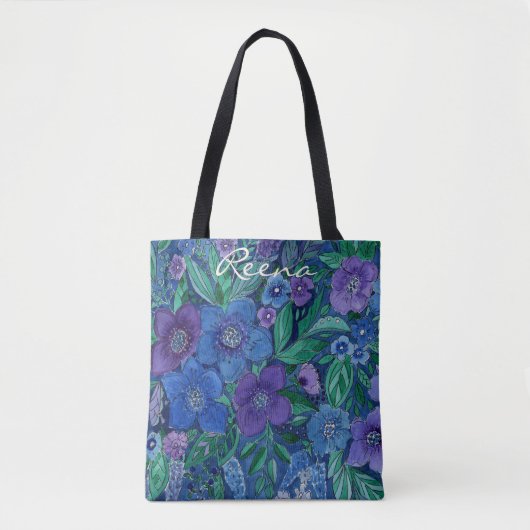 waterverf, blauw en paars, waterverf anemonen tote bag (Voorkant)