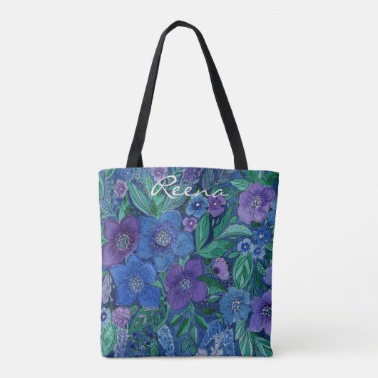 waterverf, blauw en paars, waterverf anemonen tote bag (Achterkant)