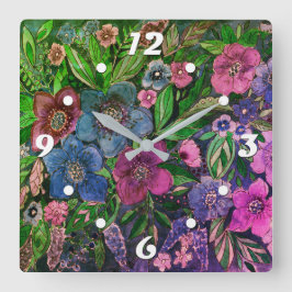 waterverf, blauw en paars, waterverf anemonen vierkante klok