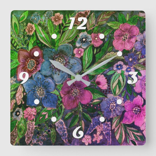 waterverf, blauw en paars, waterverf anemonen vierkante klok (Voorkant)