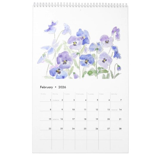 waterverf blauw en paarse bloemenkalender 2024 kalender (Feb 2026)