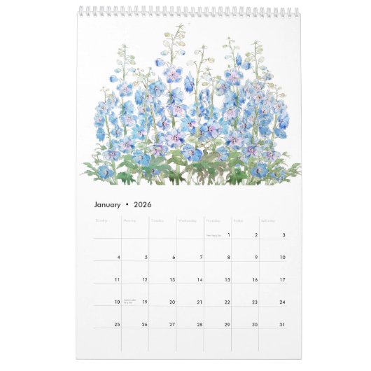 waterverf blauw en paarse bloemenkalender 2024 kalender (Jan 2026)