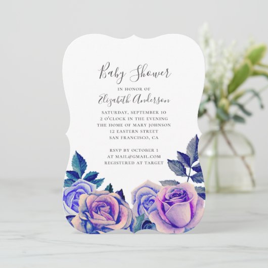 Waterverf blauw en paarse rozen baby shower kaart (Staand voorkant)