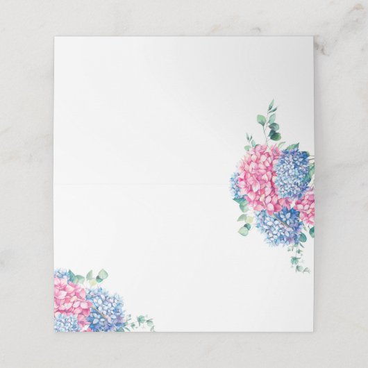 Waterverf Blauw en PInk Hydrangea bruiloft Plaatskaartje (Buitenkant ongevouwen)