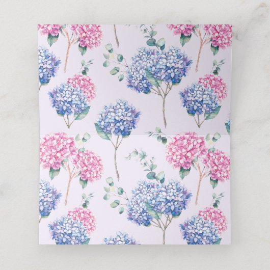 Waterverf Blauw en PInk Hydrangea bruiloft Plaatskaartje (Binnenkant ongevouwen)