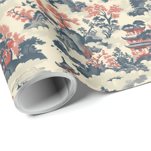 Waterverf blauw en rood China kasteelpagode Cadeaupapier (Rol Hoek)