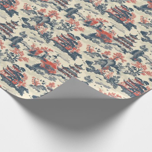 Waterverf blauw en rood China kasteelpagode Cadeaupapier (Hoek)