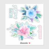 Waterverf blauw en roze. Bloemen prachtig Sticker (Vel)