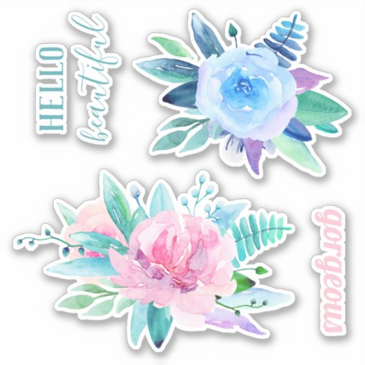 Waterverf blauw en roze. Bloemen prachtig Sticker (Voorkant)
