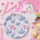 Waterverf Blauw en Roze Hydrangeas Bloemenpatroon Papieren Bordje (Feest)