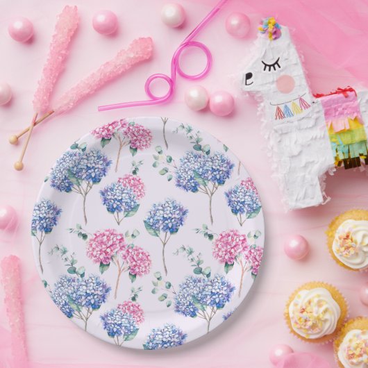Waterverf Blauw en Roze Hydrangeas Bloemenpatroon Papieren Bordje (Feest)