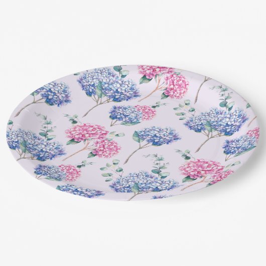 Waterverf Blauw en Roze Hydrangeas Bloemenpatroon Papieren Bordje (Gekanteld)