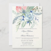 Waterverf Blauw en Roze Pioenrozen Bruiloft Kaart (Voorkant)