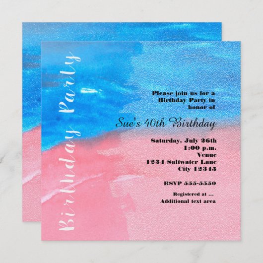 WATERVERF Blauw en roze uitnodiging voor GROTERDAG (Voorkant / Achterkant)