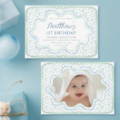 Waterverf Blauw en Sage Groen 1e Verjaardag Foto Kaart