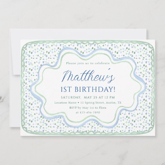 Waterverf Blauw en Sage Groen 1e Verjaardag Foto Kaart (Voorkant)