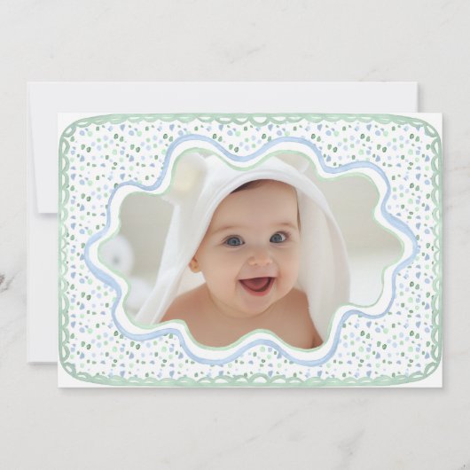 Waterverf Blauw en Sage Groen 1e Verjaardag Foto Kaart (Achterkant)