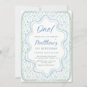 Waterverf Blauw en Sage Groen 1e Verjaardagsfeest Kaart (Voorkant)