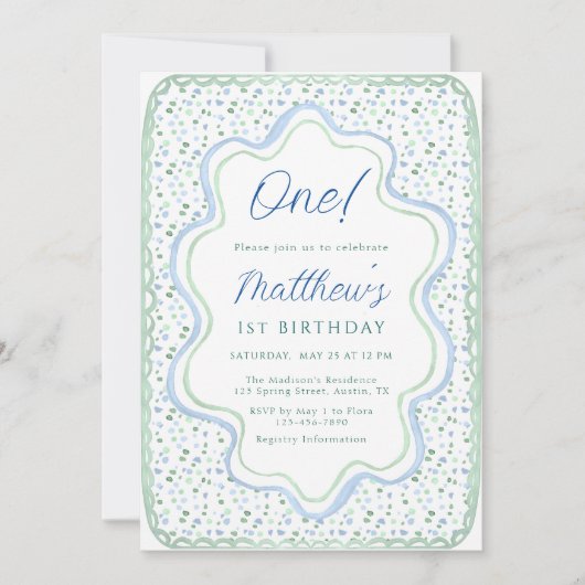 Waterverf Blauw en Sage Groen 1e Verjaardagsfeest Kaart (Voorkant)