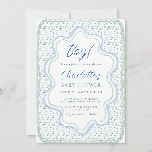 Waterverf Blauw en Sage Groen Baby shower Kaart (Voorkant)