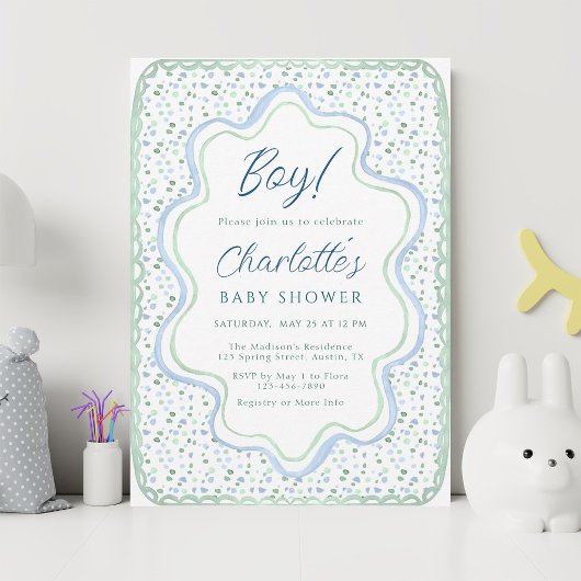 Waterverf Blauw en Sage Groen Baby shower Kaart