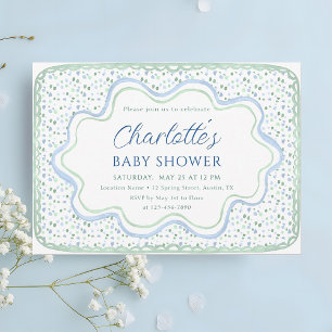 Waterverf blauw en saliegroen jongens babyshower kaart