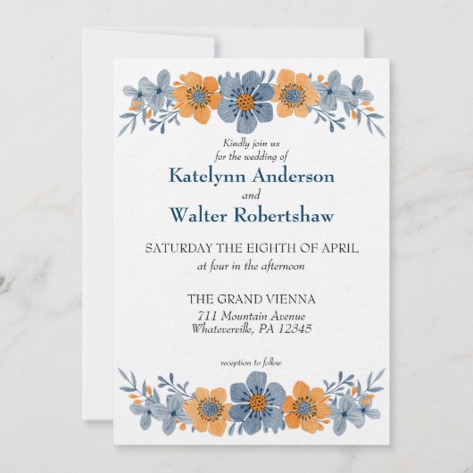 Waterverf Blauw en Sinaasappel Bloemen Herfst Brui Kaart (Voorkant)