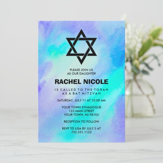 Waterverf Blauw en Turquoise Kijk naar Mitzvah Kaart (Staand voorkant)