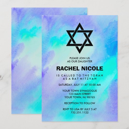 Waterverf Blauw en Turquoise Kijk naar Mitzvah Kaart (Voorkant / Achterkant)