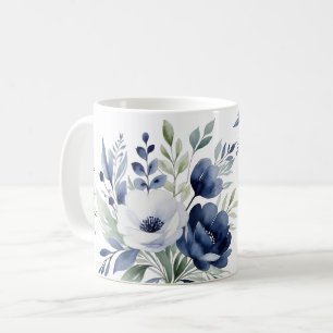 Waterverf Blauw en Wit Bloemboeket  Koffiemok