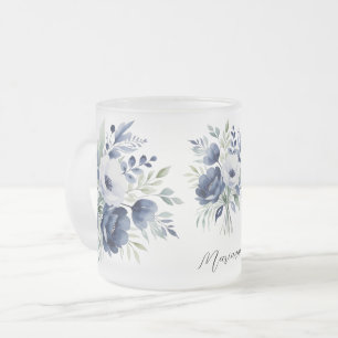 Waterverf Blauw en Wit Bloemboeket  Matglas Koffiemok