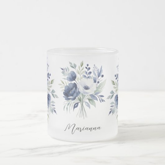 Waterverf Blauw en Wit Bloemboeket Matglas Koffiemok (Center)