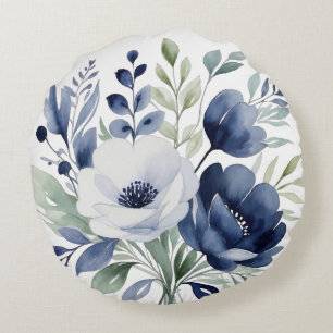 Waterverf Blauw en Wit Bloemboeket  Rond Kussen
