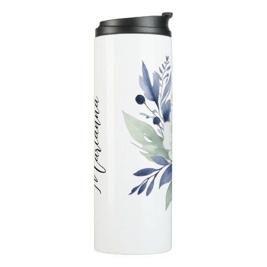 Waterverf Blauw en Wit Bloemboeket  Thermosbeker (Gedraaid links)