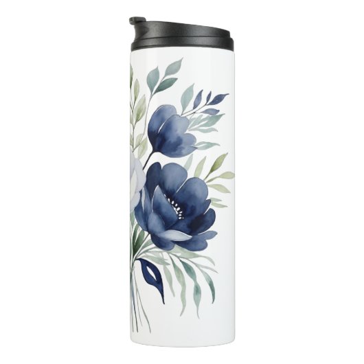 Waterverf Blauw en Wit Bloemboeket  Thermosbeker (Geroteerd rechts)