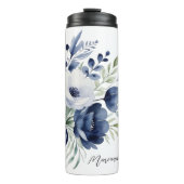 Waterverf Blauw en Wit Bloemen Boeket Thermosbeker (Voorkant)