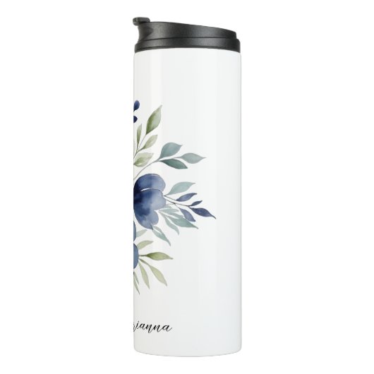 Waterverf Blauw en Wit Bloemen Boeket Thermosbeker (Geroteerd rechts)