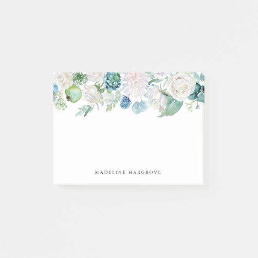 Waterverf Blauw en Wit Bloemen Gepersonaliseerd Post-it® Notes (Voorkant)